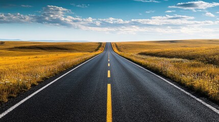 A deserted asphalt highway cutting through a flat prairie, with endless fields of wildflowers and tall grass stretching out on either side.