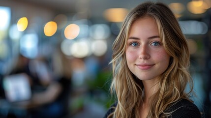 Obraz premium A young woman with beautiful hair gives a warm smile while standing in a vibrant café during the day. Generative AI