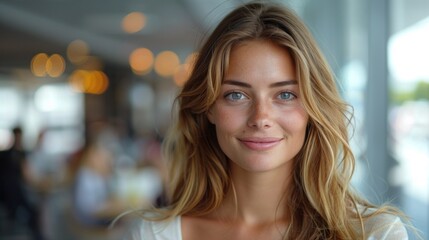 Obraz premium Captivating young woman with long hair smiles warmly in a bright restaurant filled with soft ambient light. Generative AI