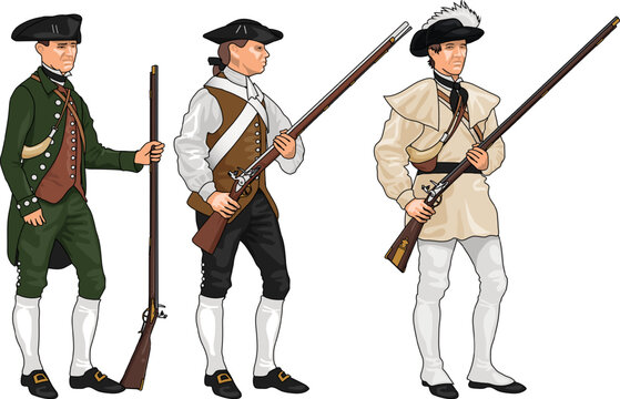 Set of Three Minutemen or American Militia Men or Irregular Infantry from American Revolutionary War Holding Muskets or Rifles, Illustration Isolated on Transparent Background, EPS 10 Vector