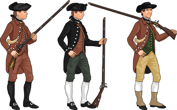 Set of Three Minutemen or American Militia Men from American Revolutionary War Holding Muskets or Rifles, Illustration Isolated on Transparent Background, EPS 10 Vector