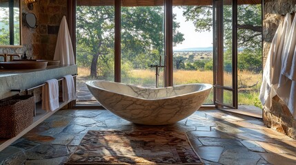 A luxurious South African lodge bathroom, featuring natural stone floors, a freestanding bathtub, and large windows framing views of the savannah