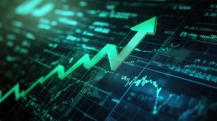 A forex trading chart with a large green arrow pointing upward after breaking through a support level, showing a potential buying signal.