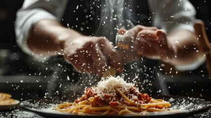 A chef sprinkling cheese on a plate of pasta