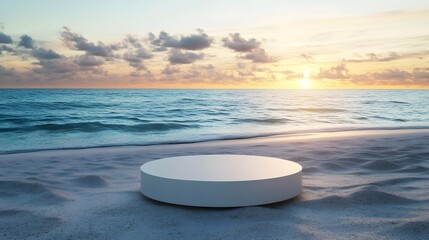 White Round Podium on Sandy Beach at Sunrise.