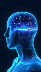 Visually represent the flow of data or light in the form of a human, Add digital patterns or flows around the head to make it look like the AI ​​is understanding human thoughts.