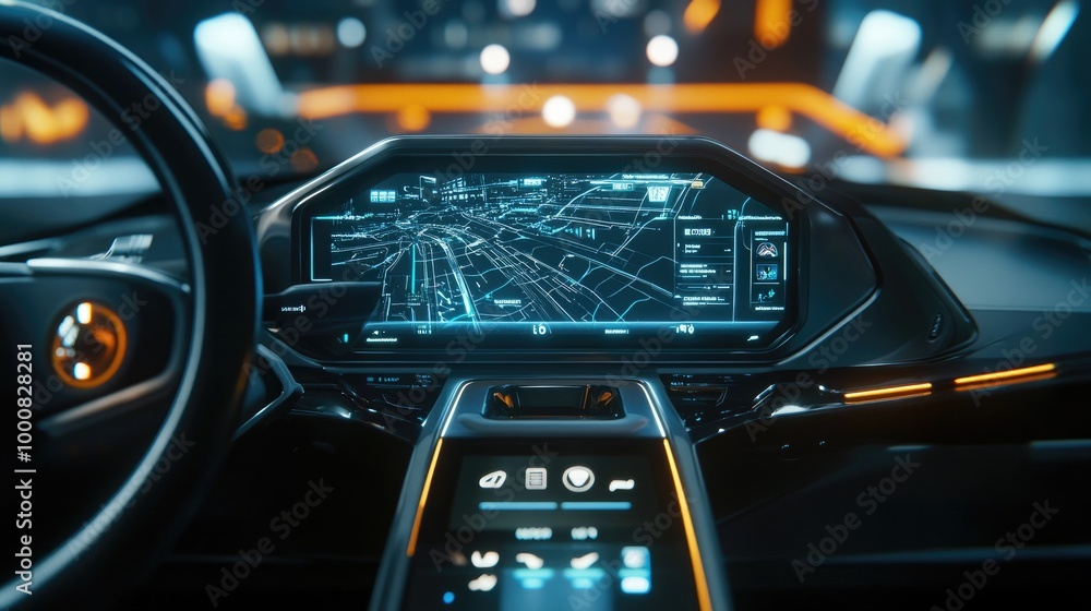 Poster a futuristic car dashboard with a digital interface displaying navigation, real-time traffic updates