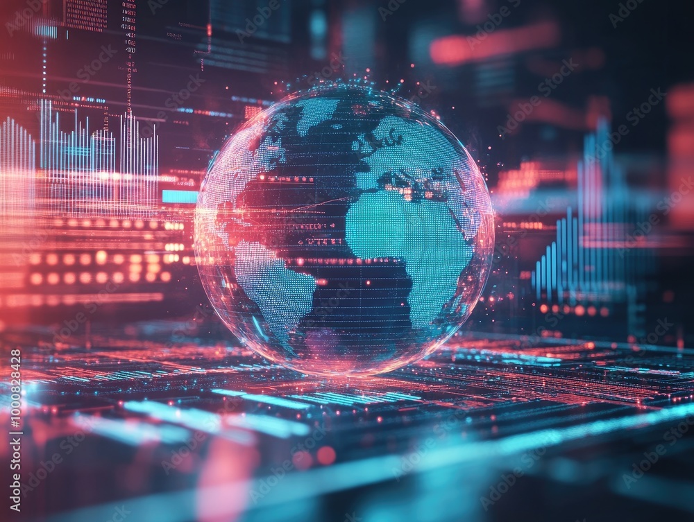 Poster a futuristic digital globe surrounded by holographic charts and data, symbolizing global data networ