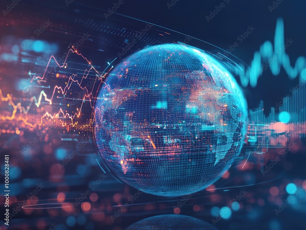 Poster a futuristic digital globe surrounded by holographic charts and data, symbolizing global data networ