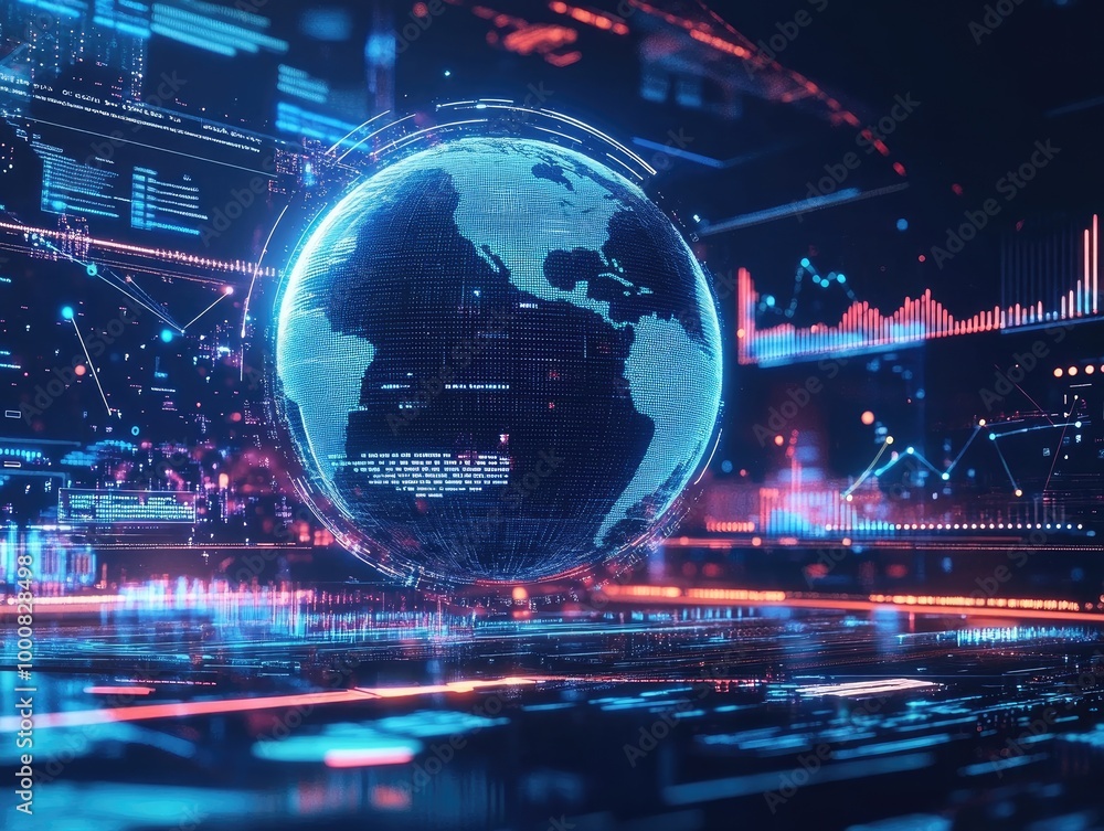 Poster a futuristic digital globe surrounded by holographic charts and data, symbolizing global data networ