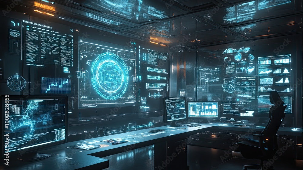Poster a futuristic workspace filled with holographic screens and digital tools, displaying charts, codes, 