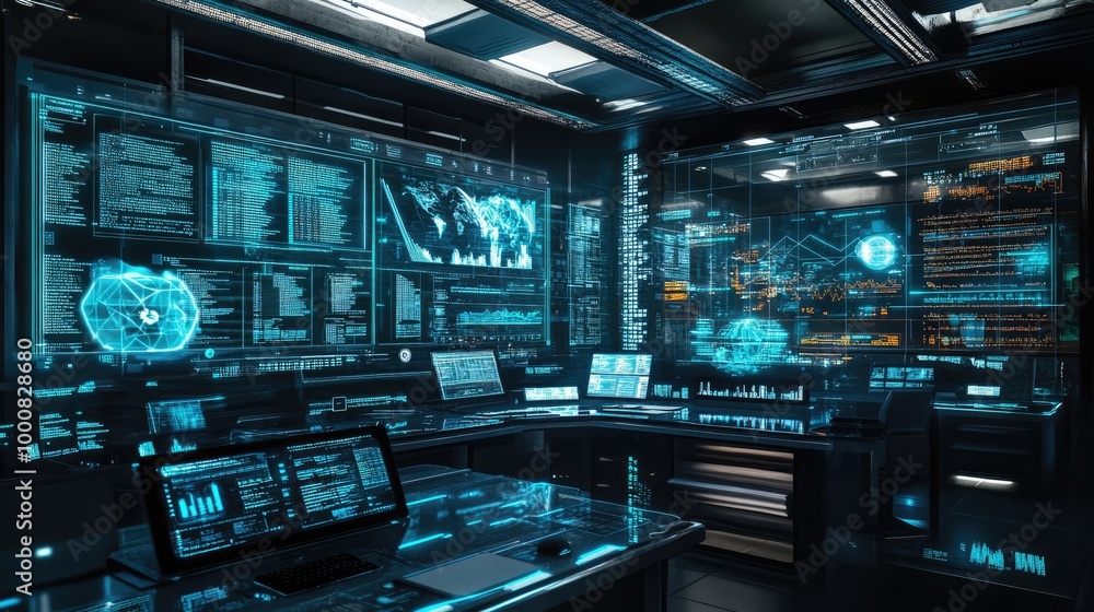 Poster a futuristic workspace filled with holographic screens and digital tools, displaying charts, codes, 