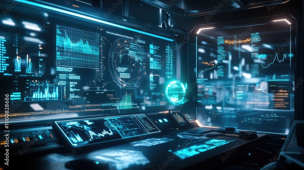 Poster a futuristic workspace filled with holographic screens and digital tools, displaying charts, codes, 