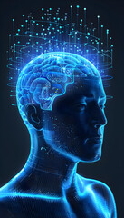 Obraz premium Visually represent the flow of data or light in the form of a human, Add digital patterns or flows around the head to make it look like the AI ​​is understanding human thoughts.