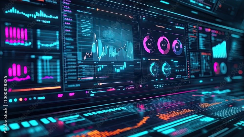 Aufkleber a high-tech digital dashboard with real-time analytics, charts, and performance metrics, all glowing