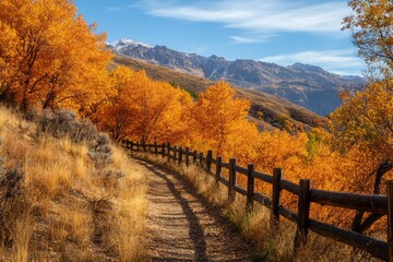 Obraz premium A hillside covered in golden and orange autumn trees, with a wooden fence running along the path and mountains visible in the background.