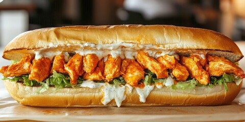 A large Buffalo chicken sub sandwich, overflowing with spicy grilled chicken, melted cheese, lettuce, and ranch dressing, served on a toasted hoagie roll.