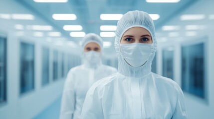 Woman in Cleanroom Suit and Mask Looking at Camera