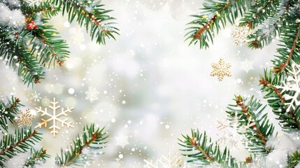 Christmas branches and snowflakes on a light gray background. Many small lights and sparkles.