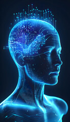 Obraz premium Visually represent the flow of data or light in the form of a human, Add digital patterns or flows around the head to make it look like the AI ​​is understanding human thoughts.