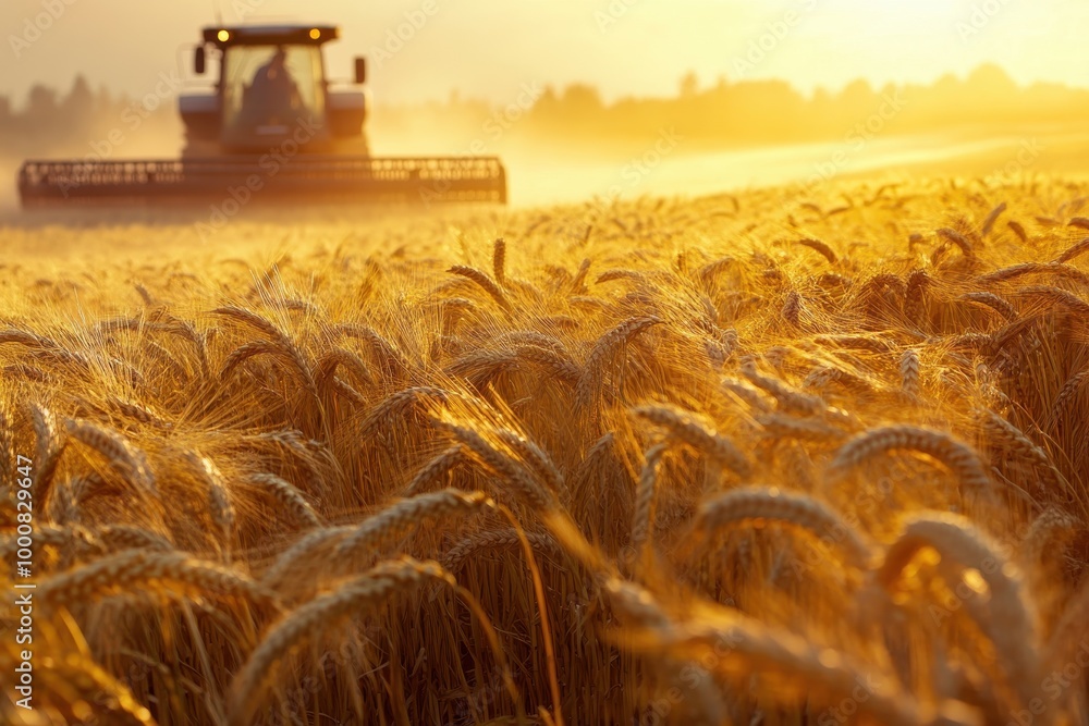 Wall mural close-up of golden wheat stalks in a field with a blurred combine harvester in the background at sun