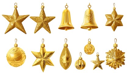 Christmas ornaments shaped like stars and bells, in gold color, cute cartoon style, isolated on white background
