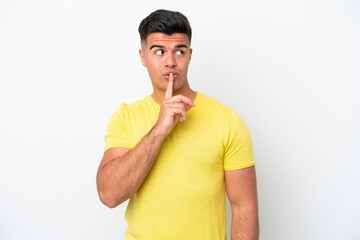 Young caucasian handsome man isolated on white background showing a sign of silence gesture putting...