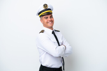 Airplane pilot caucasian man isolated on white background with arms crossed and looking forward