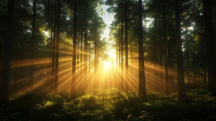 Obraz premium Sunbeams through the Trees in a Misty Forest