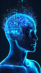 Visually represent the flow of data or light in the form of a human, Add digital patterns or flows around the head to make it look like the AI ​​is understanding human thoughts.