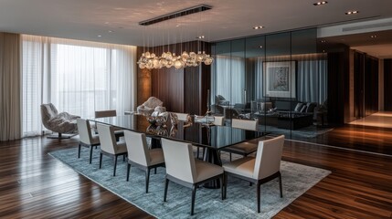 A modern dining room with dark walnut floors, contemporary furniture, and a minimalist chandelier hanging above a glass dining table.
