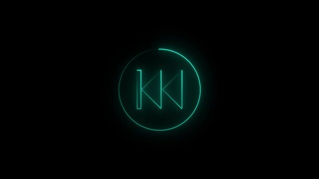Previous button neon shine fast backward button icon. On black background.