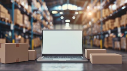 Laptop and Boxes in Warehouse