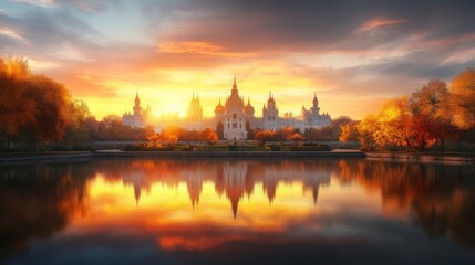 Fototapeta premium Majestic Castle Reflection at Sunset over Calm Lake