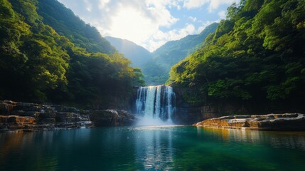 Fototapeta premium Majestic Waterfall in Lush Green Valley
