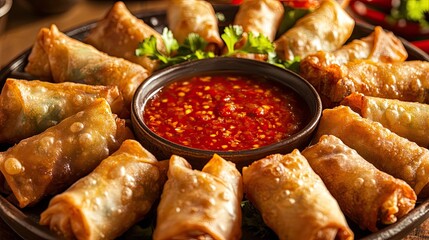 A platter of crispy spring rolls with a bowl of sweet chili sauce in the center, ready for dipping.