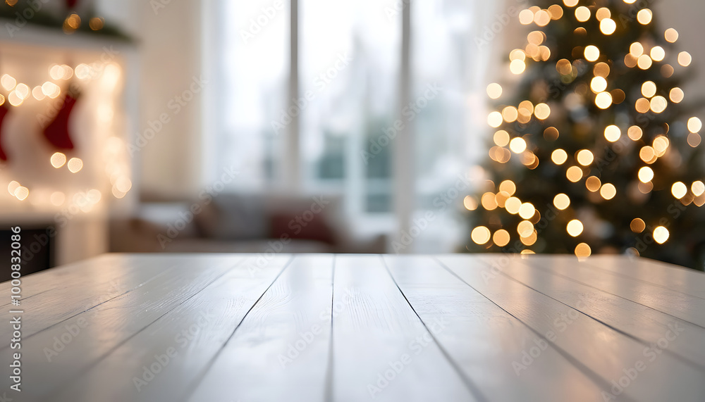 Poster white empty table with blurred christmas tree and copy space