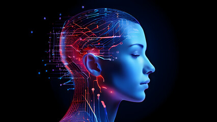 Obraz premium Visually represent the flow of data or light in the form of a human, Add digital patterns or flows around the head to make it look like the AI ​​is understanding human thoughts.