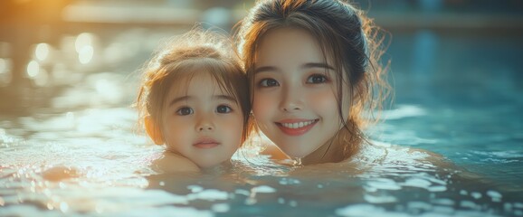 Mother and Daughter Enjoying a Relaxing Hot Spring Bath