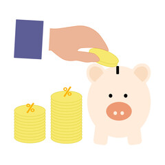 money accumulation concept. a hand putting coins into a piggy bank. style for finance and business.
