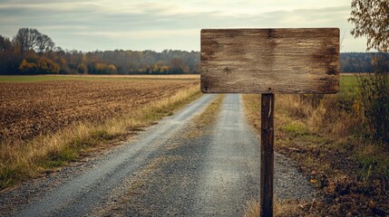A rustic, blank wooden sign mounted on a metal pole along a country road, with fields and trees in the background.