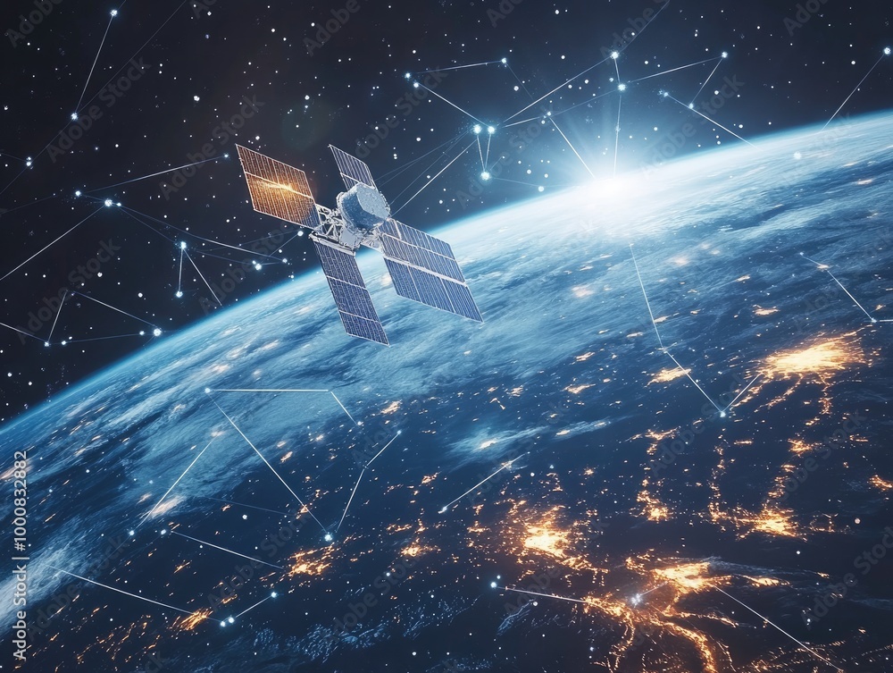 Poster a satellite in space with digital data streams connecting it to earth, symbolizing global communicat