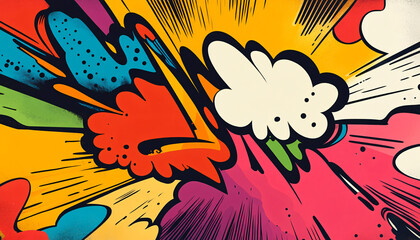 Naklejka premium Bright, comic-book style graphics with speech bubbles, bold outlines, and exaggerated colors, evoking a lively, playful energy.