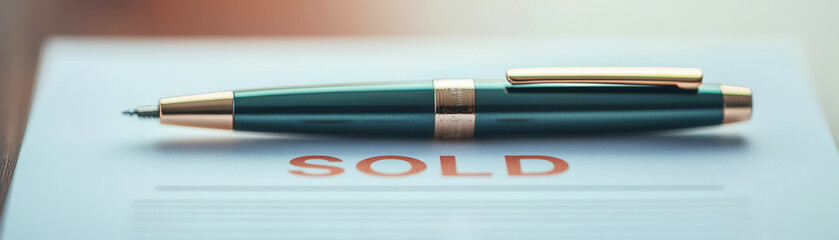 Detailed shot of a luxury pen on a SOLD sans serif font contract, soft ambient lighting, symbolizing a completed real estate transaction, luxury deal, final sale agreement