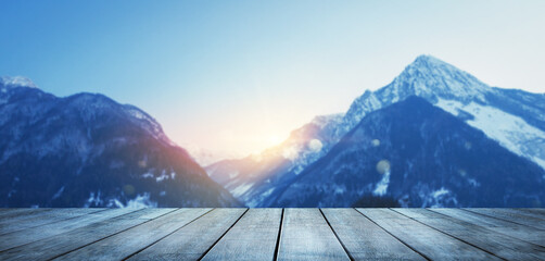 Mountains panorama and wooden walkway