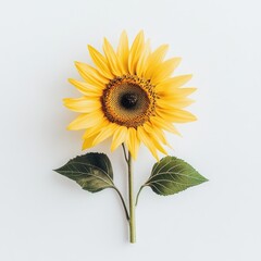 Obraz premium A single sunflower isolated in a minimalist white space, with the bright yellow petals contrasting starkly against the background, symbolizing simplicity and beauty.