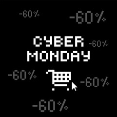 Cyber Monday, holiday, low prices and discounts. Vector image on a black background in pixel style