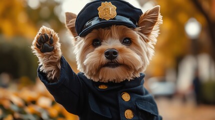 Cute dog dressed as a police officer, raising a paw to stop traffic in a friendly, neighborhood setting