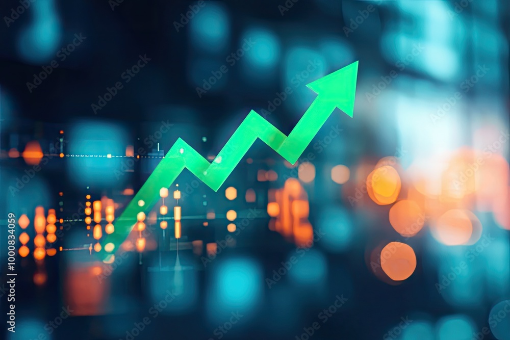 Aufkleber a stock chart with a bright green arrow shooting upward through a pattern of candlesticks, highlight