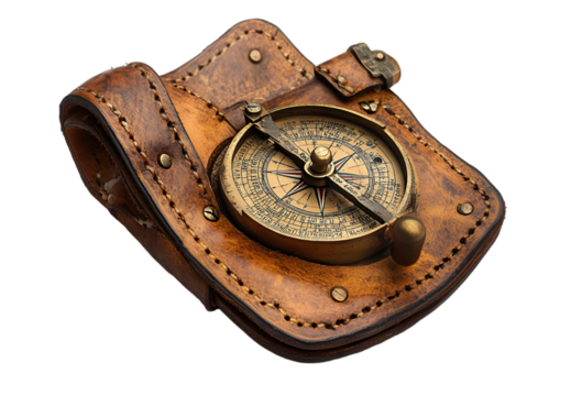 a brown leather case with a compass


